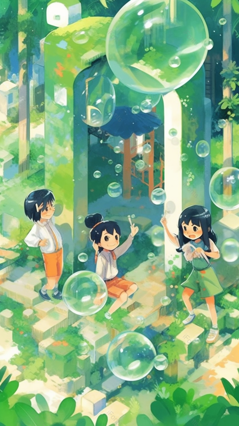 绿色公园六一儿童节女孩子孩子们在嬉戏泡泡小清新插画背景,插画/手绘图,插画/手绘图库,插画/手绘图下载,插画/手绘